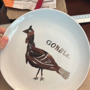West Elm Thanksgiving White & Silver Ceramic Plate NIB 8.5” Gobble